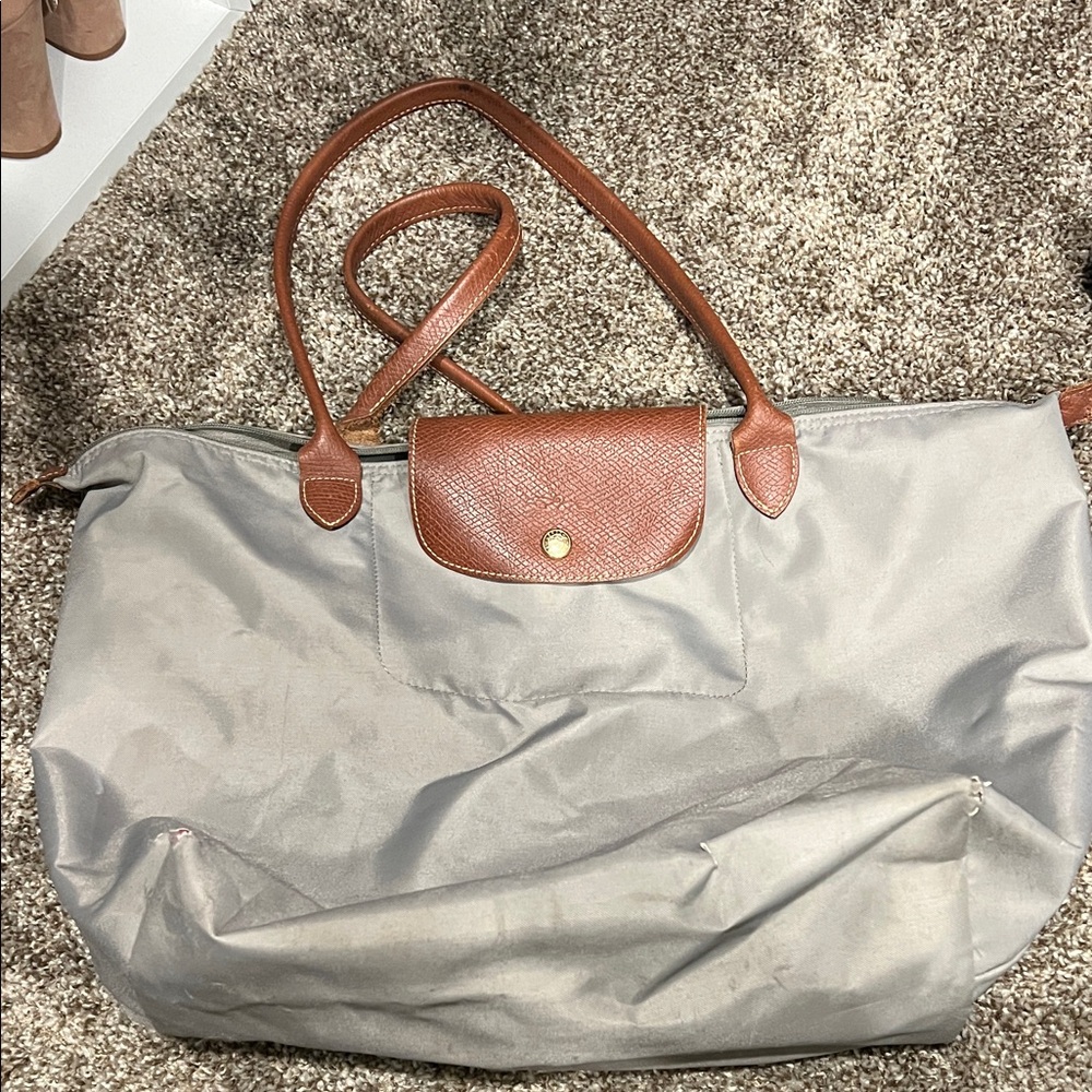 Longchamp Gray Tote with Brown Accents